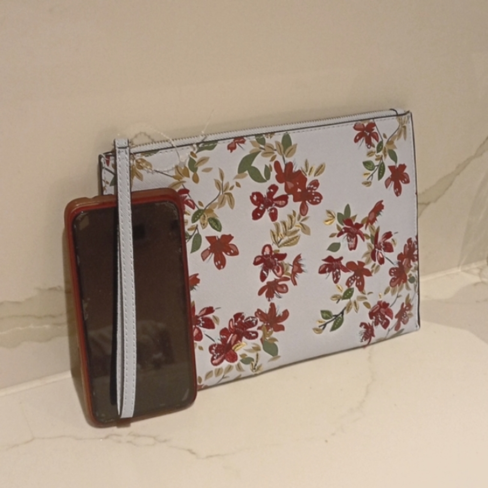 MANGO Blue Red Floral Embroidered Wristlet Clutch Zip Purse - Picture 2 of 6